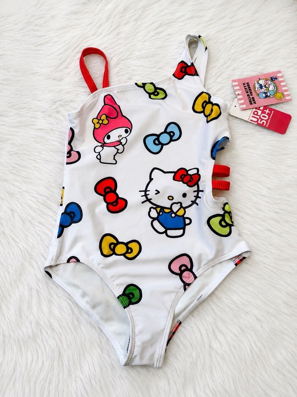 Hello Kitty And Friends Sanrio One-Piece Swimsuit Girls White M 7/8 NWT SPF 50+